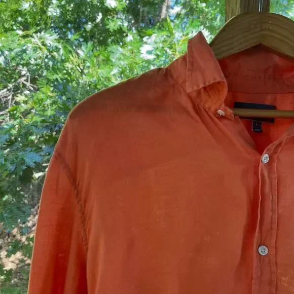 Vince Men's 100% Linen Orange Button Down Shirt Size L - Picture 3 of 9